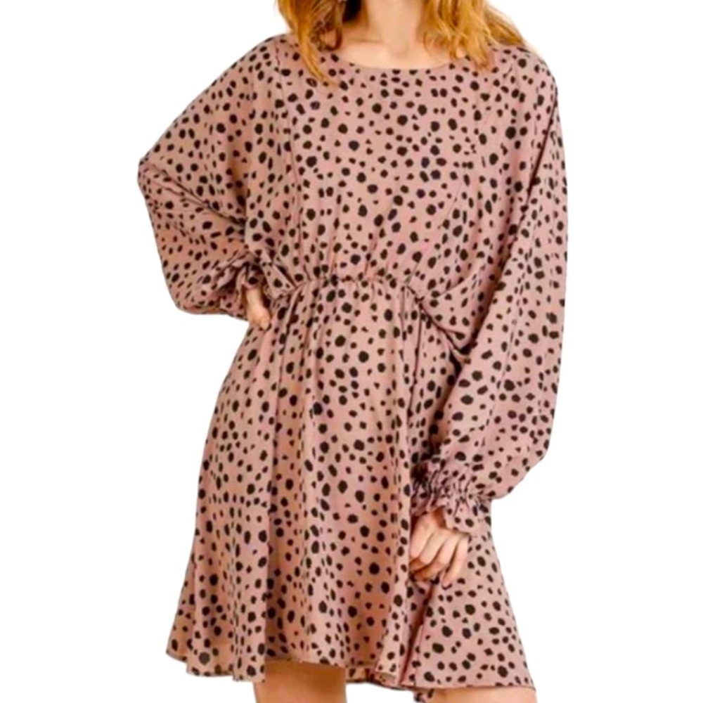 Umgee large dusty‎ pink Dalmatian dress. Worn 1X. Dolman sleeve elastic waist